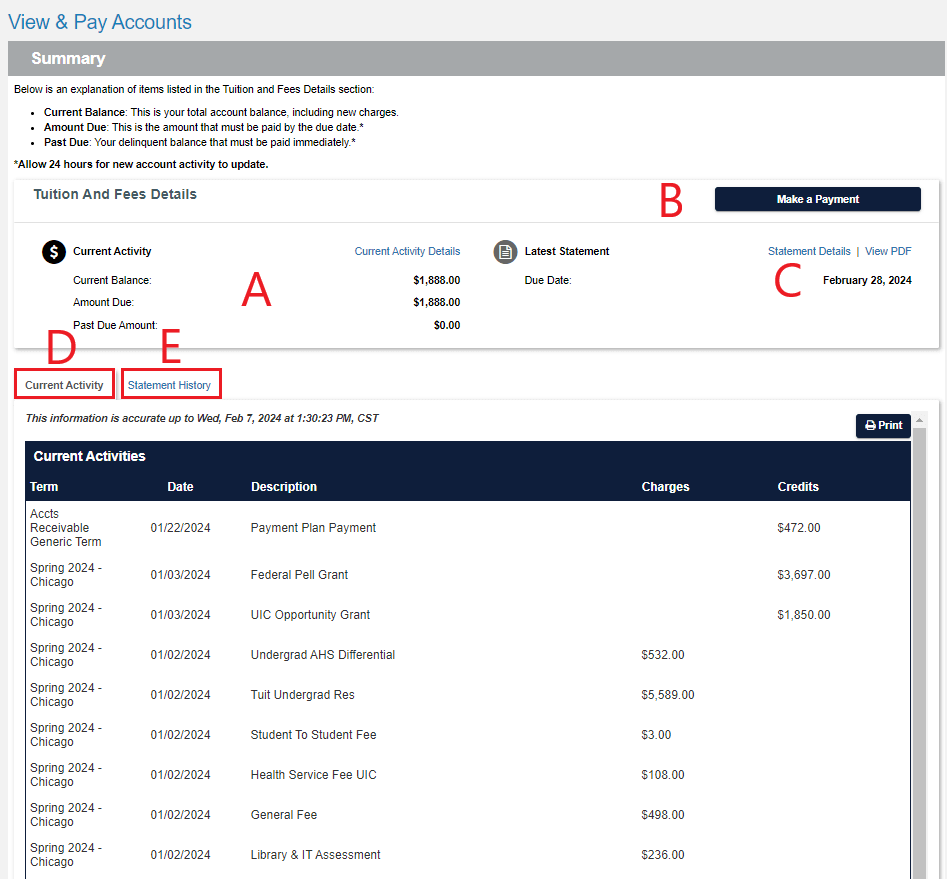 Sample bill showing visual layout of major sections described below including: A) Current Activity at the top left, B) Make a payment link at the top right, C) Latest Statement Detail links and Due Date directly under section B, D) Current Activity in the main page, and E) Statement History link next to Current Activity header.
